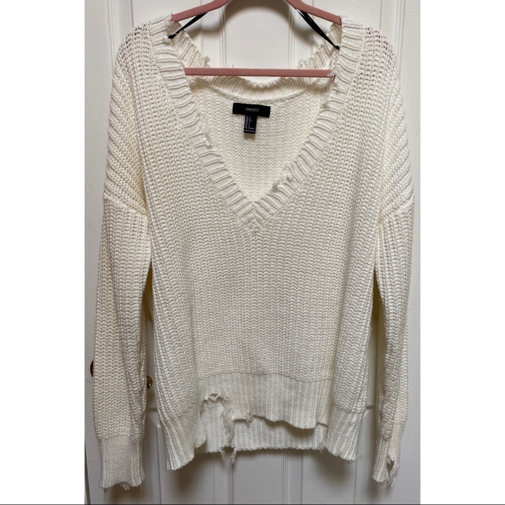 Forever 21 Cream Distressed Sweater